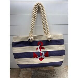 Sondra Roberts Squared Nautical Canvas Tote Bag Navy Cream Stripe Red Anchor